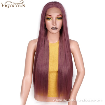 Vigorous Lace Frontal Wigs Long Silky Straight Burgundy Wigs Middle Part Synthetic Wigs For Women Wholesale Heat Resistant Fiber